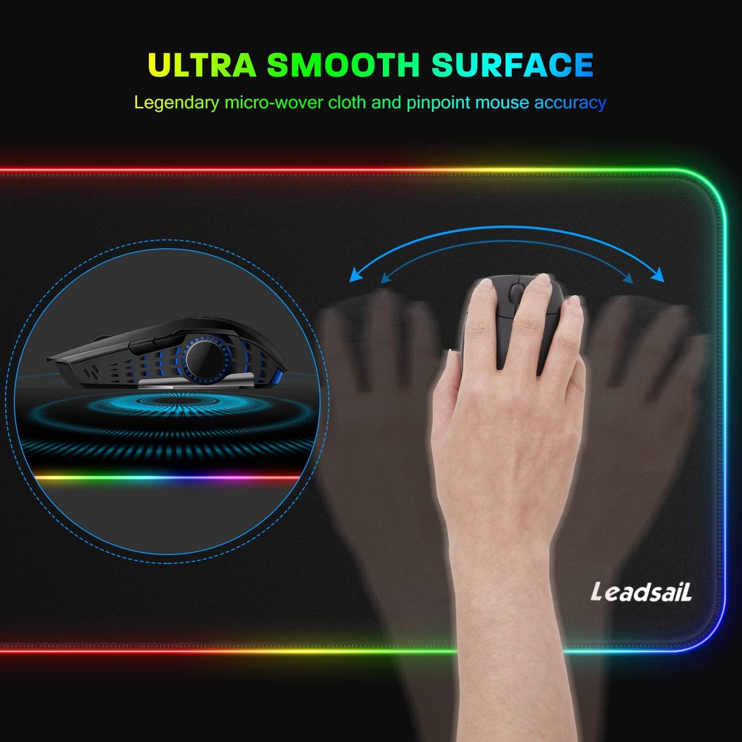 RGB Gaming Mouse Pad, 15 Light Modes LED Soft Extra Extended Large Mousepad, Non-Slip Rubber Base Computer Keyboard Mouse Mat with Durable Stitched Edges- 31.5 X 12 Inch (RGB Black)
