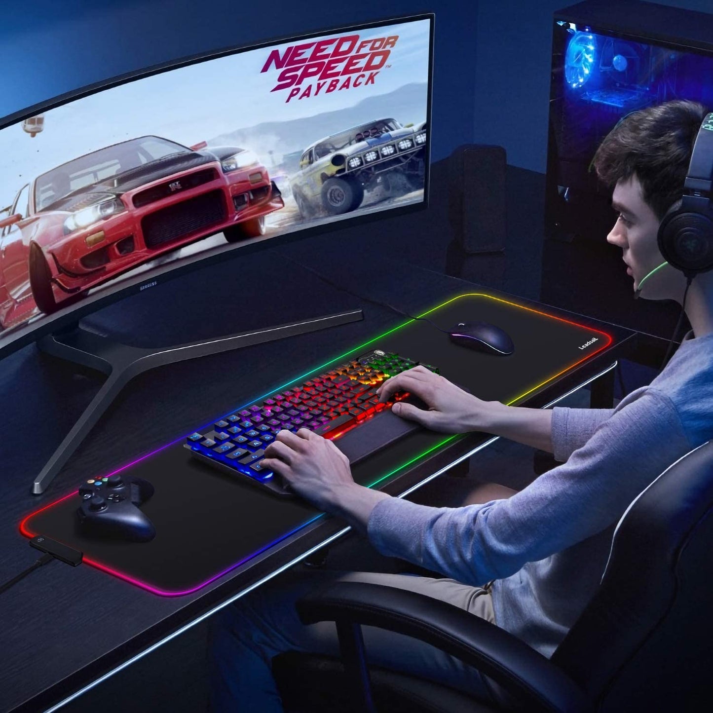 RGB Gaming Mouse Pad, 15 Light Modes LED Soft Extra Extended Large Mousepad, Non-Slip Rubber Base Computer Keyboard Mouse Mat with Durable Stitched Edges- 31.5 X 12 Inch (RGB Black)