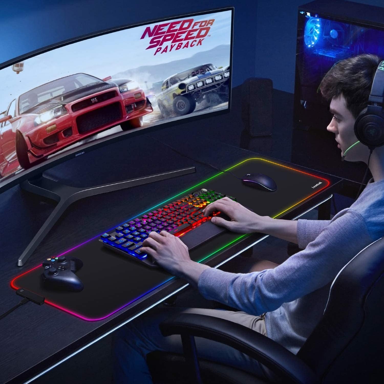 RGB Gaming Mouse Pad, 15 Light Modes LED Soft Extra Extended Large Mousepad, Non-Slip Rubber Base Computer Keyboard Mouse Mat with Durable Stitched Edges- 31.5 X 12 Inch (RGB Black)